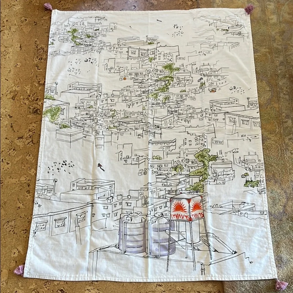 IKEA LOKALT Amman City White Cotton Linen Throw Blanket Embroidery Block Print - Picture 1 of 10